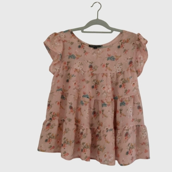 Love University Tops - Pre-owned Floral Ruffle Blouse in Pink